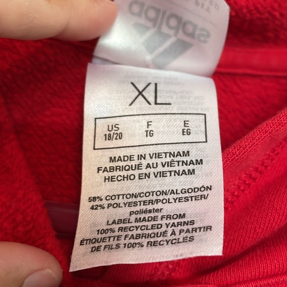 Youth L (18-20) Adidas hooded sweatshirt red/black graphic Kangaroo pouch/pocket - Picture 4 of 8